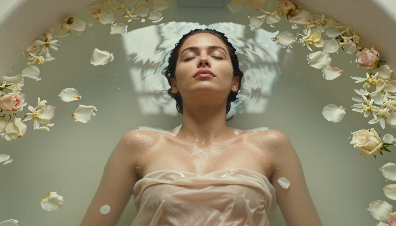 Luxury spa bath with flower petals overhead view Luxury spa bath with flower petals overhead view