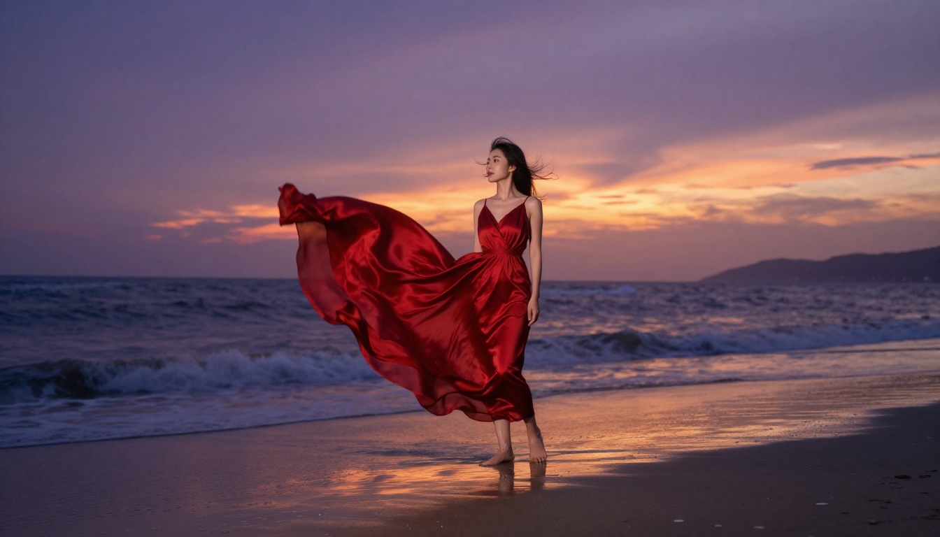 Woman in red silk dress on black sand beach at dusk