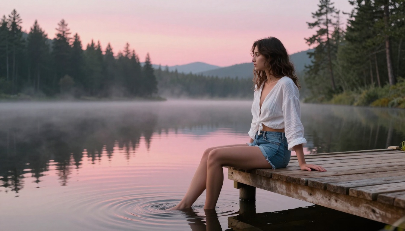 Brunette woman sitting on wooden dock over mountain lake at sunrise