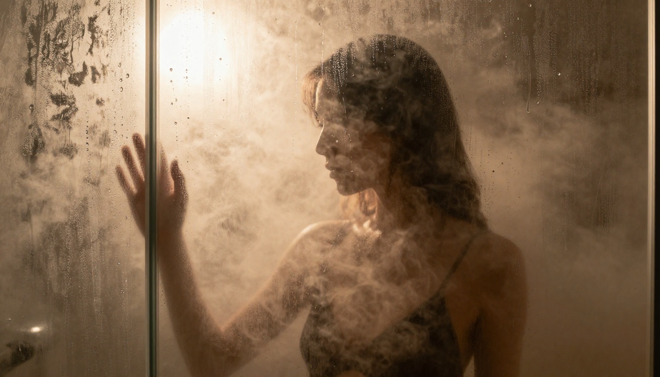 Artistic silhouette of feminine figure behind frosted glass in warm steam
