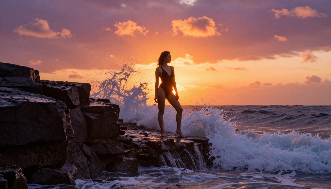 Woman in black swimsuit on ocean cliffs at dramatic sunset