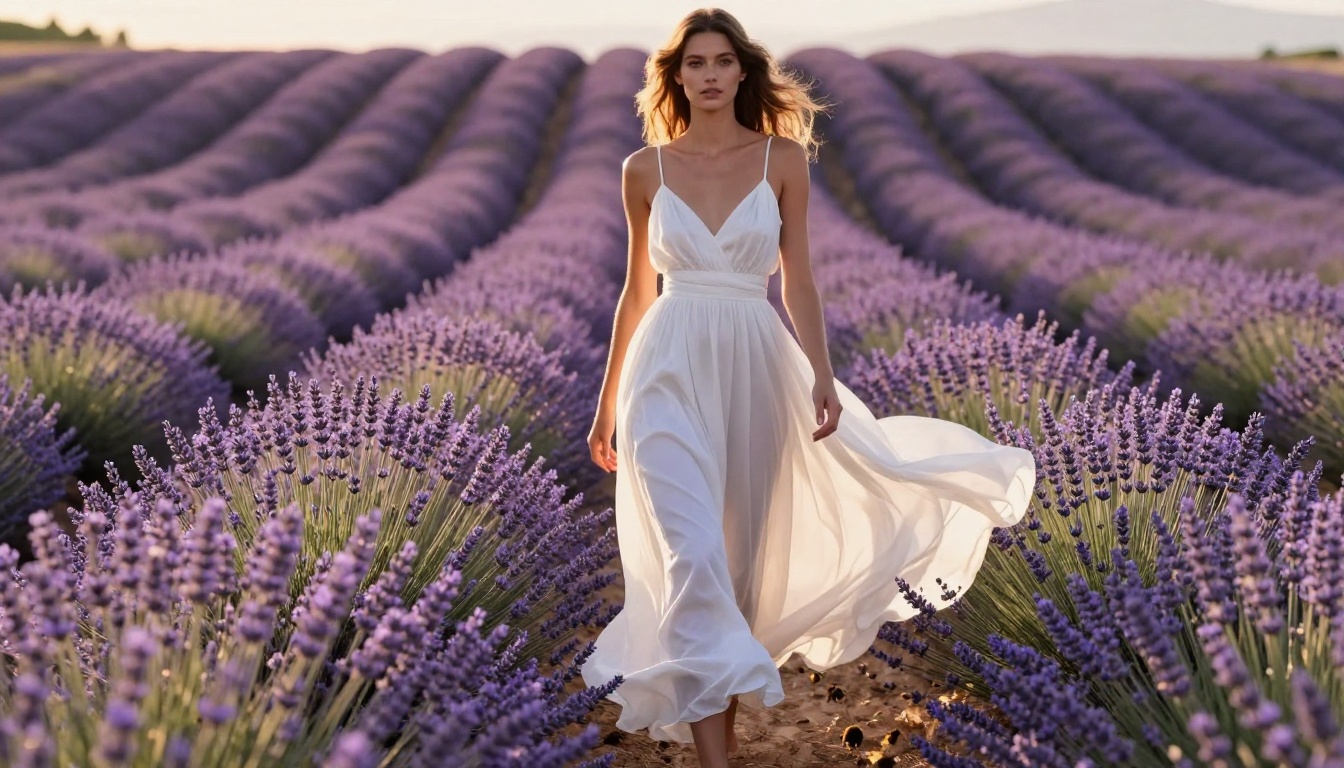 Woman in white sundress walking through lavender field at golden hour