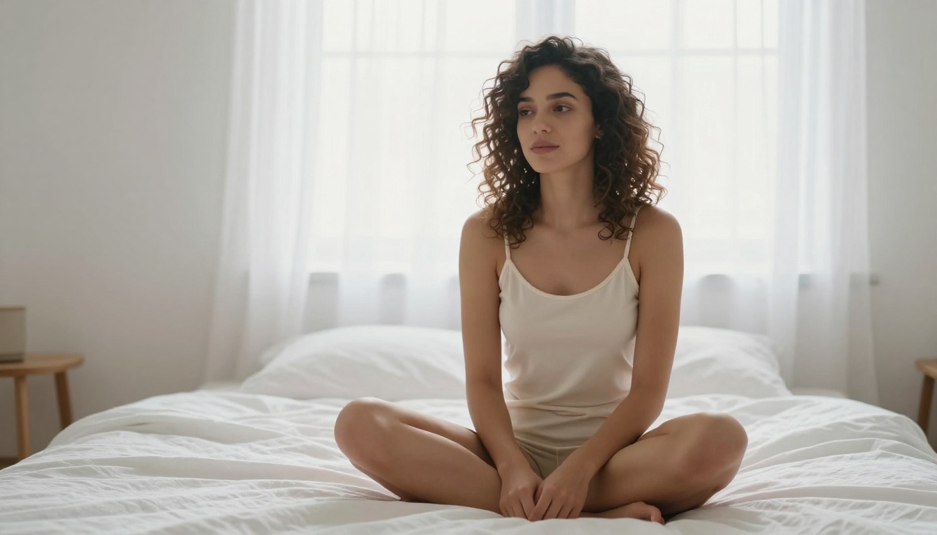 Woman with curly hair in minimal Scandinavian bedroom morning light