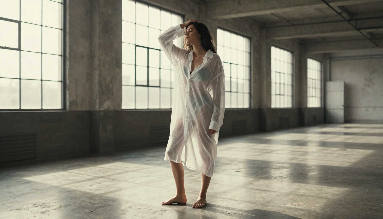 Woman in sheer white oversized dress shirt in minimalist industrial loft, natural daylight through warehouse windows, warm sepia tone Woman in sheer white oversized dress shirt in minimalist industrial loft, natural daylight through warehouse windows, warm sepia tone