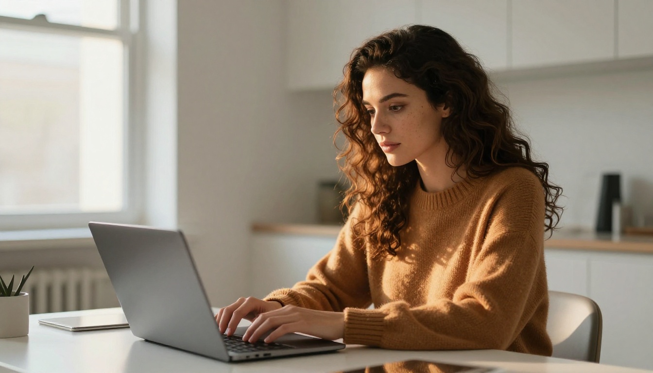 A beautiful woman with wavy dark auburn hair sitting at a desk working on a laptop in a modern apartment with golden hour lighting A beautiful woman with wavy dark auburn hair sitting at a desk working on a laptop in a modern apartment with golden hour lighting