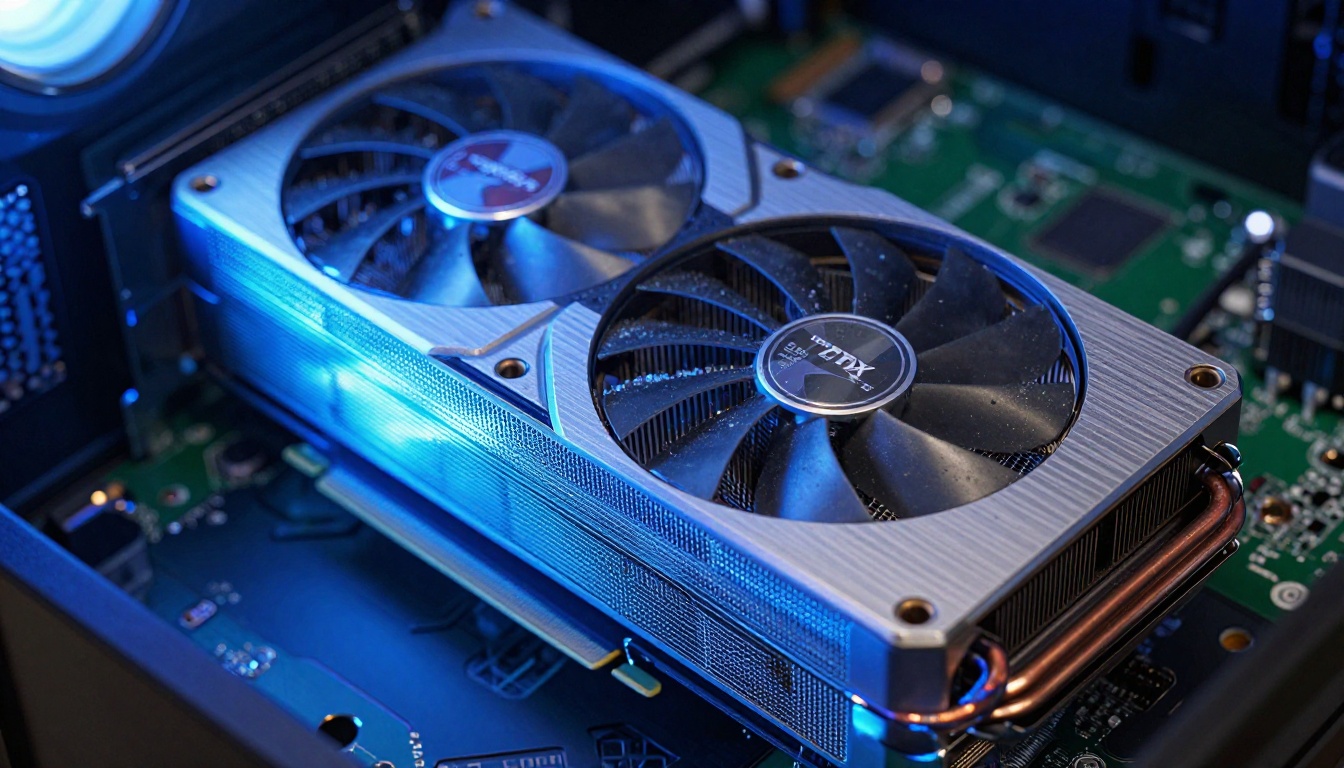 GPU hardware close-up showing RTX graphics card details and VRAM capacity