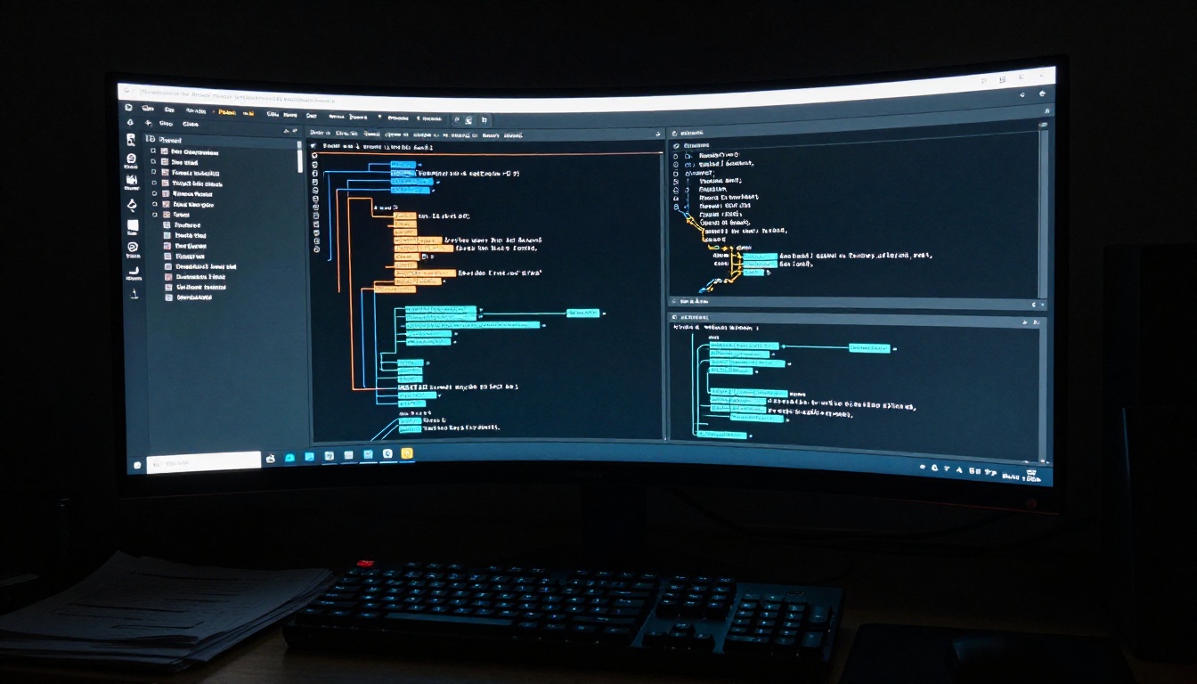 ComfyUI node-based workflow interface on ultrawide monitor in a dark room