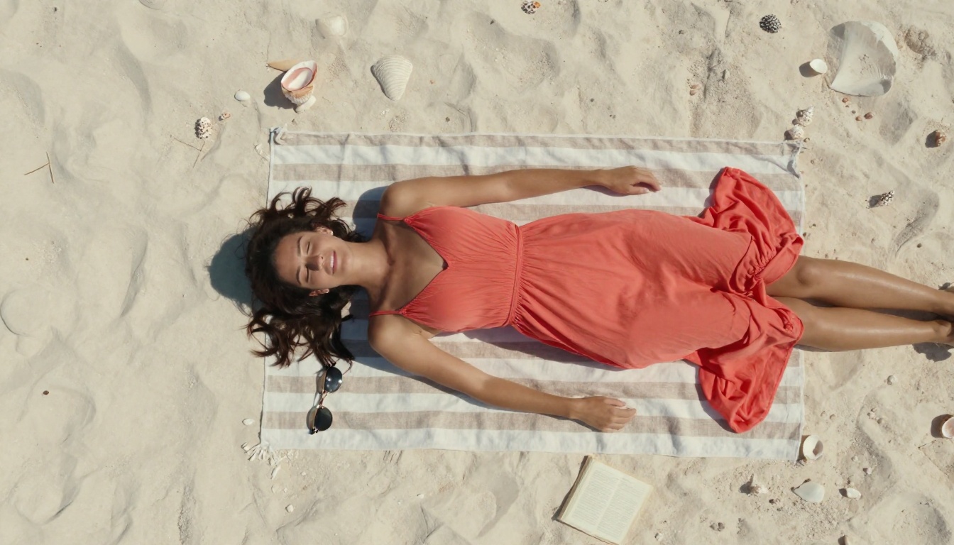 Aerial bird's-eye view of a beautiful woman in a bright coral sundress lying on a striped linen beach towel on white sand, surrounded by seashells, drone shot, Kodak Portra 400 Aerial bird's-eye view of a beautiful woman in a bright coral sundress lying on a striped linen beach towel on white sand, surrounded by seashells, drone shot, Kodak Portra 400