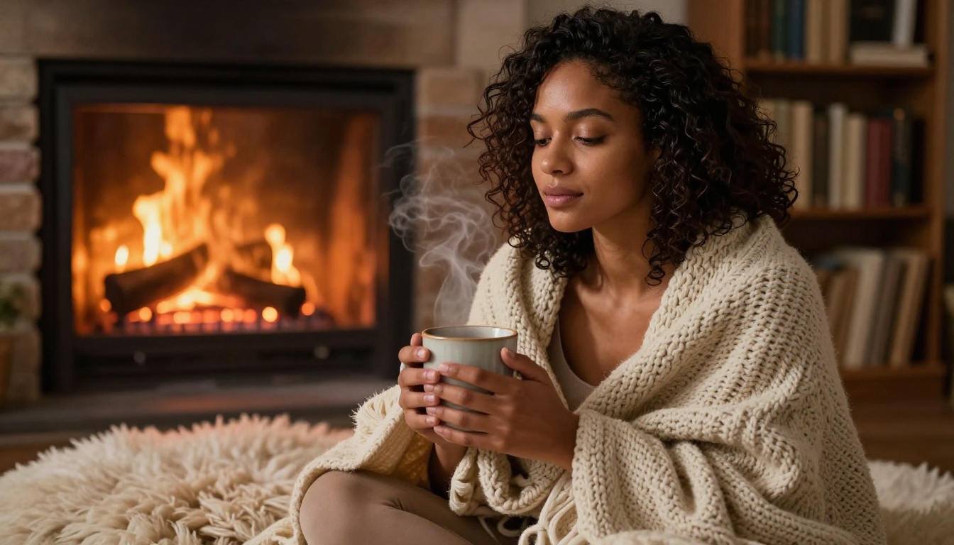 Woman with olive skin and dark curly hair wrapped in cream knit blanket by crackling fireplace, amber candlelight, cozy winter atmosphere