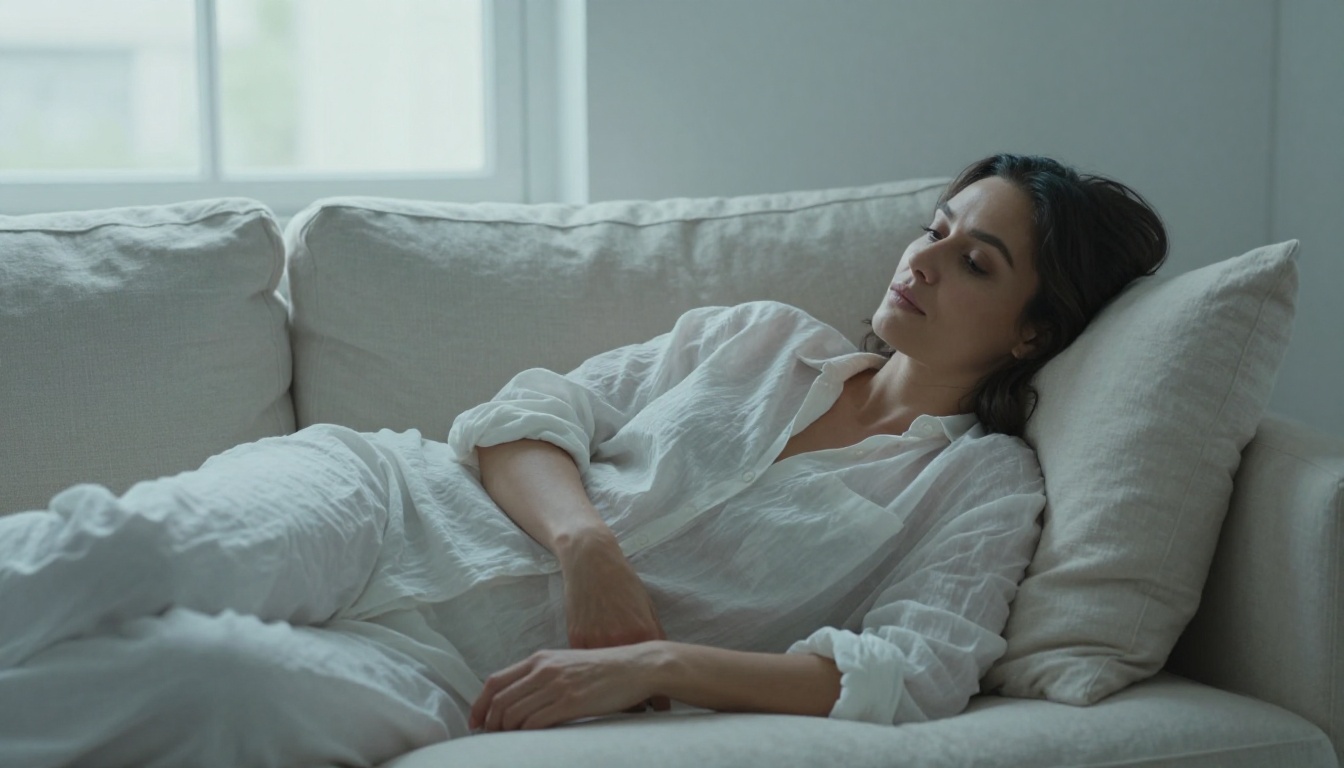 Elegant woman in linen setting with soft diffused natural light