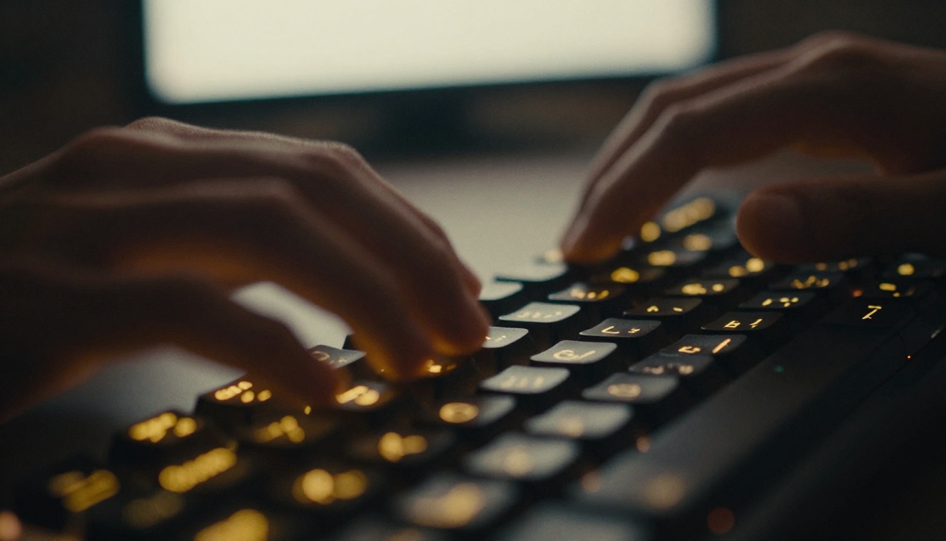 Hands typing on backlit mechanical keyboard creating AI image prompts in the dark