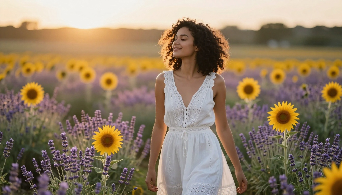 A gorgeous woman with natural curly black hair standing in a lush wildflower meadow at golden hour, wearing a flowing white bohemian dress, warm amber backlight, 85mm f/1.8 bokeh