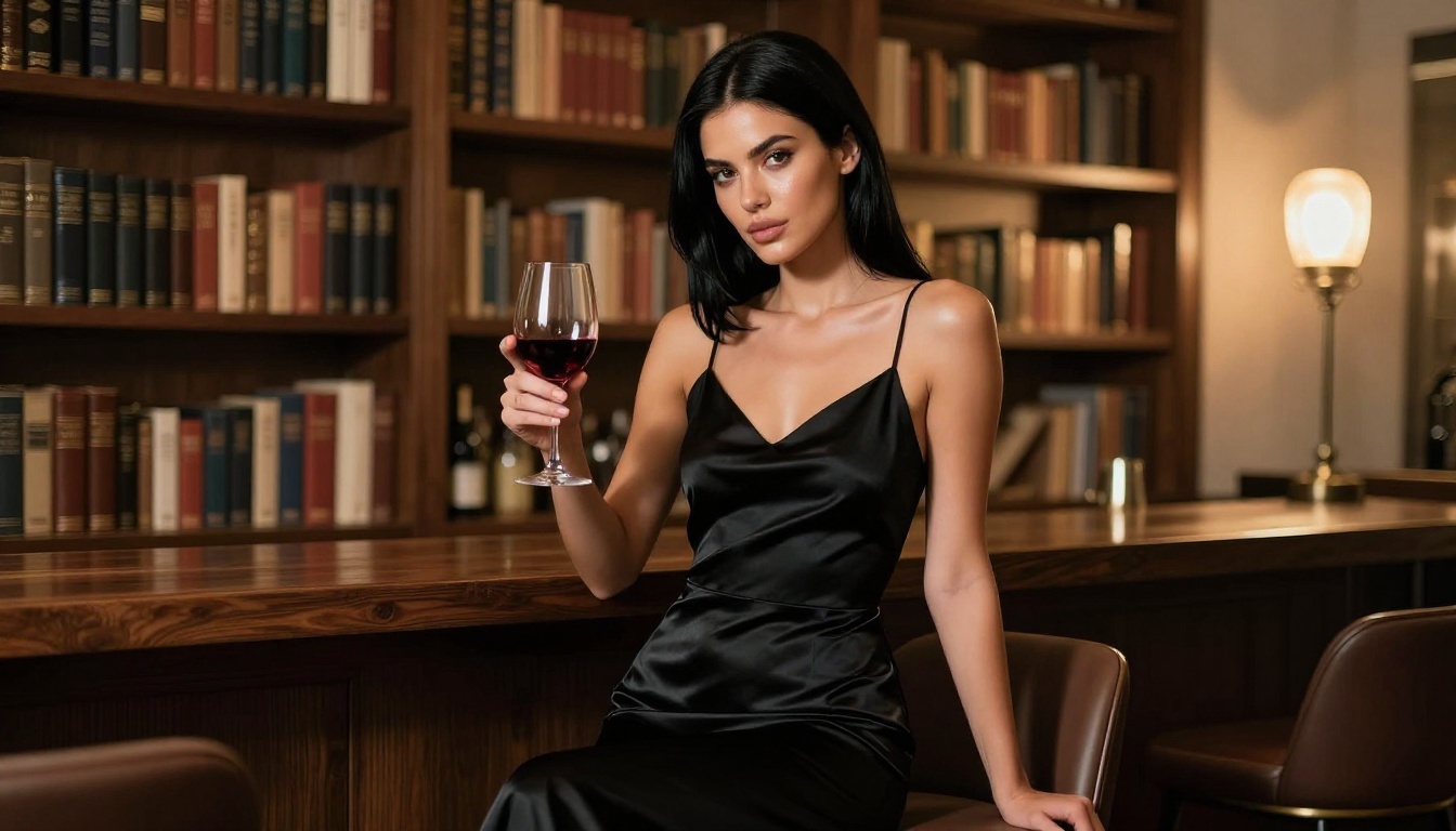 A beautiful woman with straight black hair seated on a modern barstool in a sophisticated home library, wearing a sleek black satin slip dress, warm tungsten lamp light creating chiaroscuro shadows