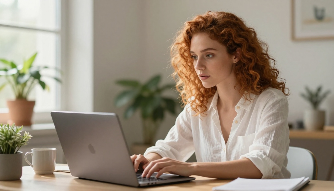 Woman with curly hair at laptop generating AI images in a cozy morning home office