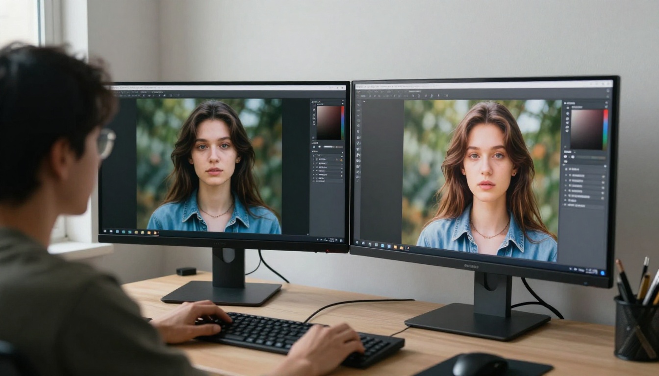 Dual monitor desk setup comparing AI generation results side by side in a modern home office