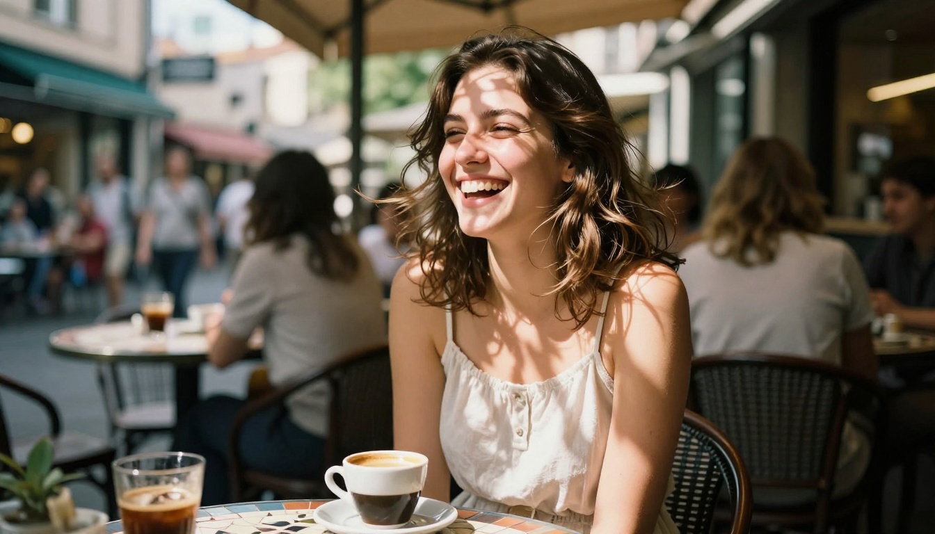 Candid outdoor cafe moment with natural dappled sunlight Candid outdoor cafe moment with natural dappled sunlight