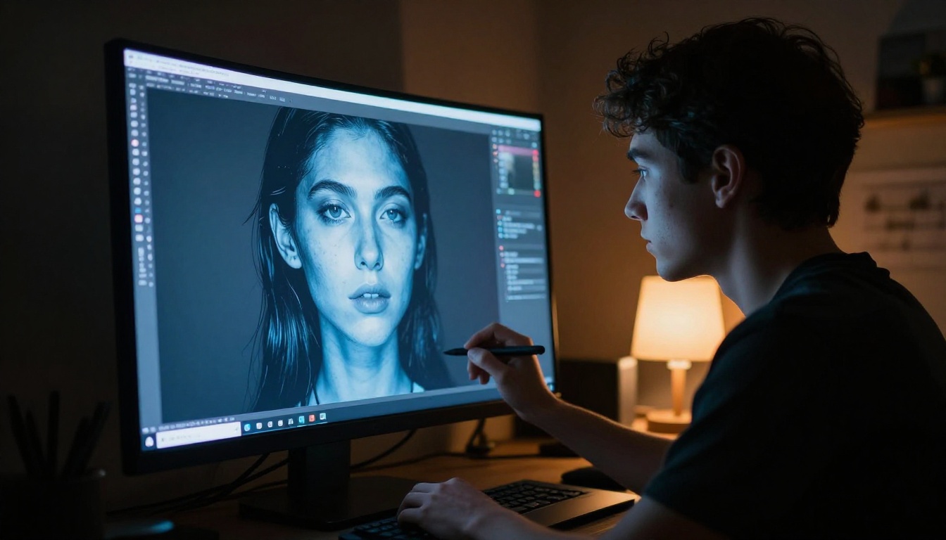 Digital artist at night with monitor glow and creative workspace atmosphere Digital artist at night with monitor glow and creative workspace atmosphere