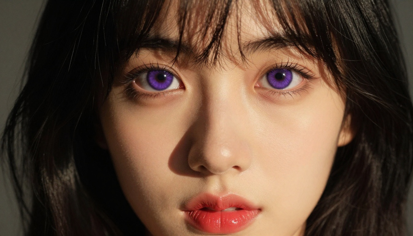 Extreme close-up portrait of an anime-inspired woman with violet eyes and Rembrandt lighting
