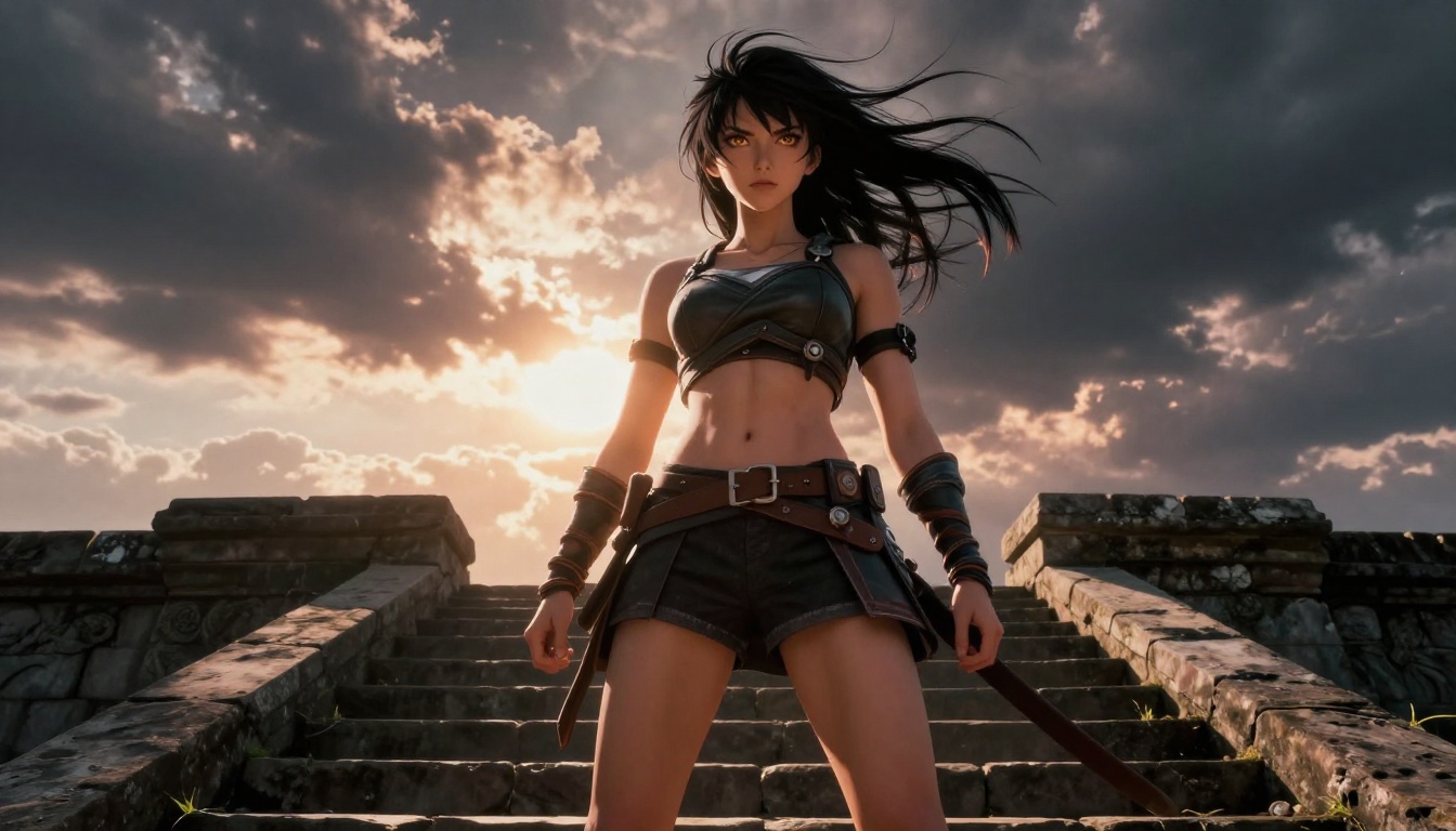 Low-angle shot of a powerful anime-inspired warrior woman on stone temple steps with dramatic rim lighting