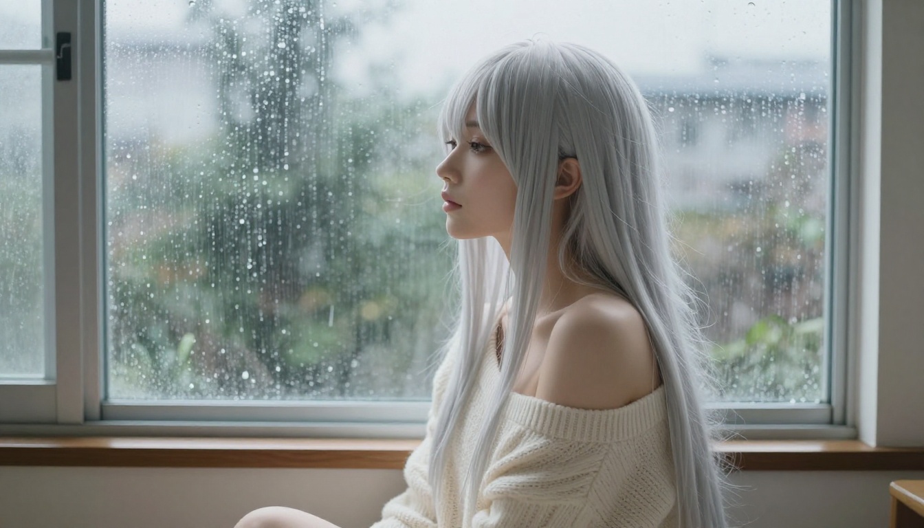 Side profile of an anime woman by a rain-streaked window in soft diffused natural light