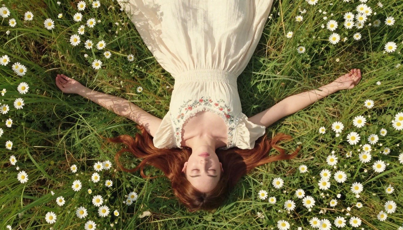 Aerial view of an anime woman lying in a daisy field with arms spread, serene expression