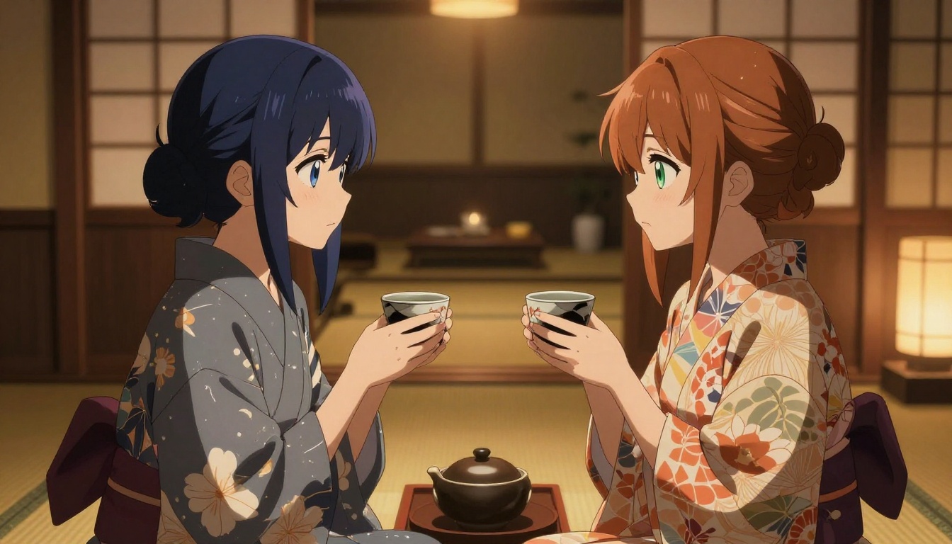 Two anime women in traditional yukata robes in a candlelit teahouse with amber glow