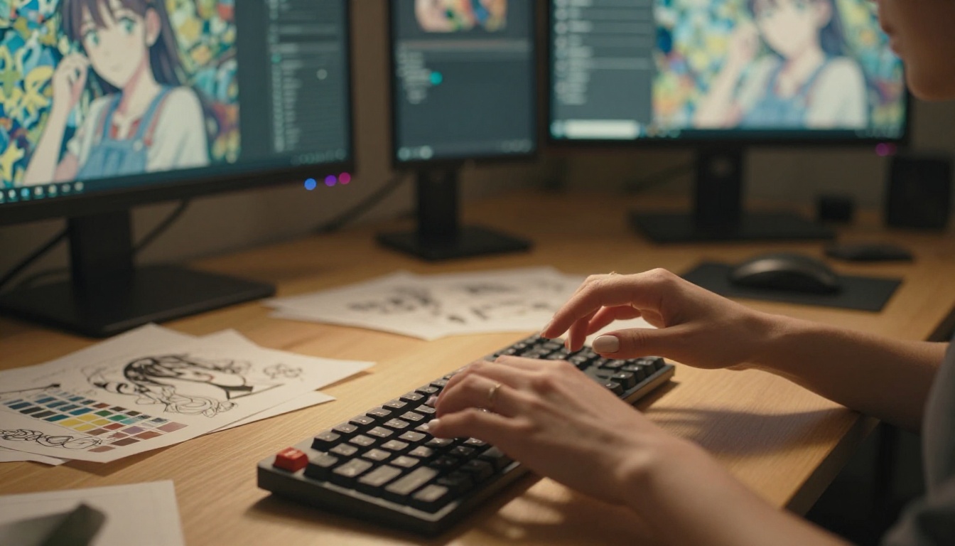 Creative digital workspace with warm tungsten lighting and anime artwork visible on displays
