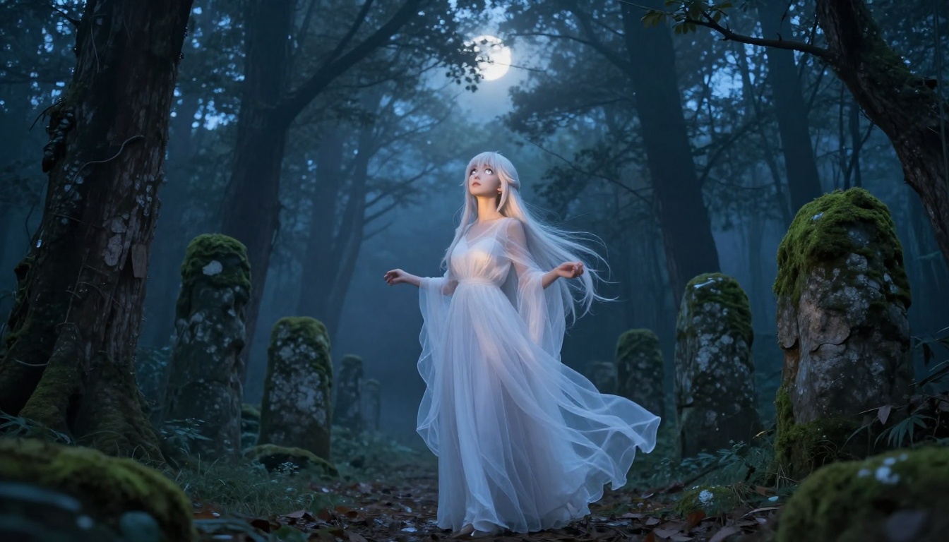 Anime-inspired woman in a misty ancient forest clearing at twilight wearing a sheer white dress