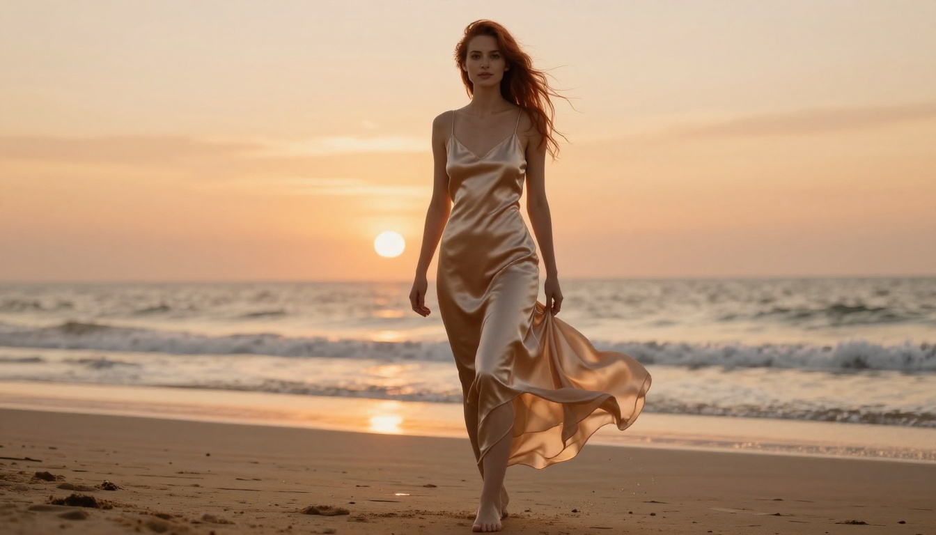 Beautiful woman in silk dress on sunset beach, golden hour photography