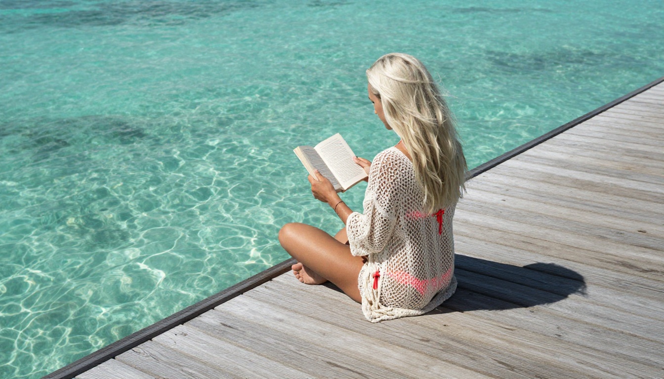 Woman on tropical pier, crystal lagoon, overhead sunlight