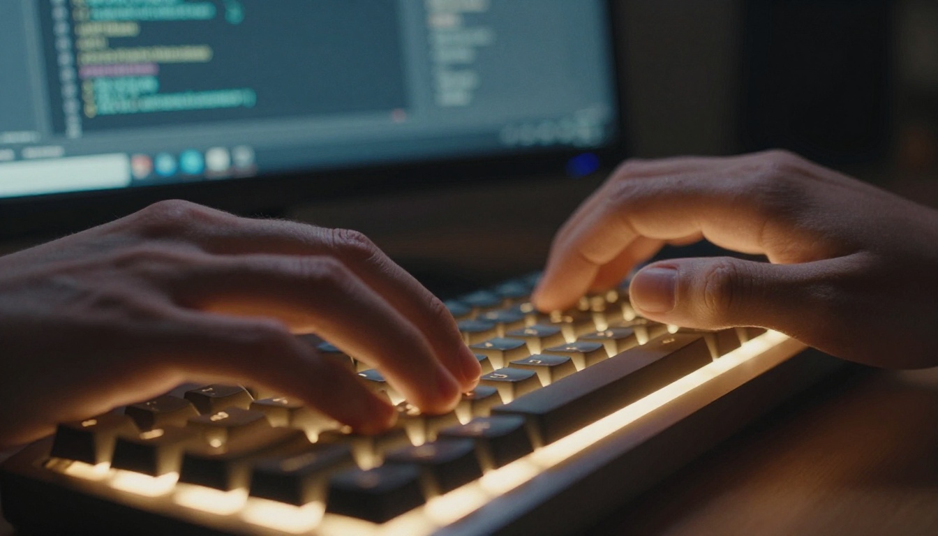 Hands typing on mechanical keyboard at workstation