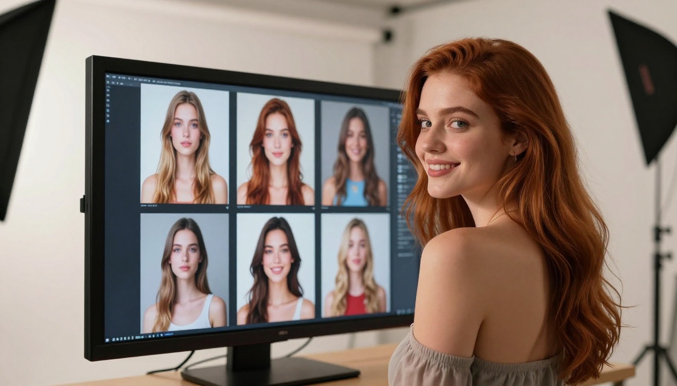 Woman at photography studio with AI-generated portraits on screen