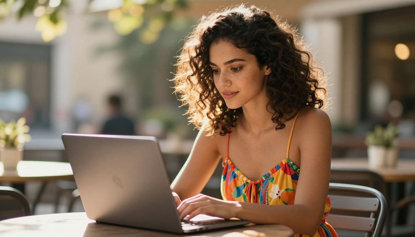 Woman at cafe using laptop for AI generation