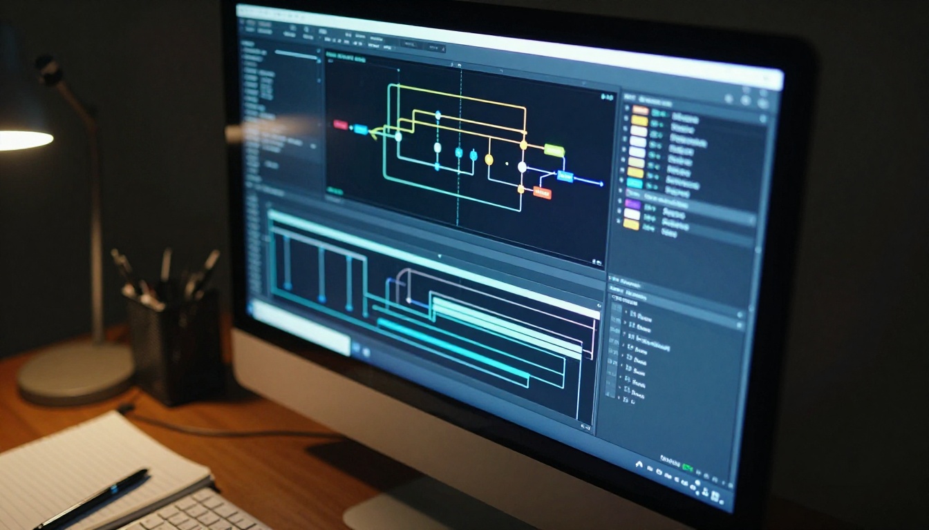 Monitor displaying node workflow interface in dark room