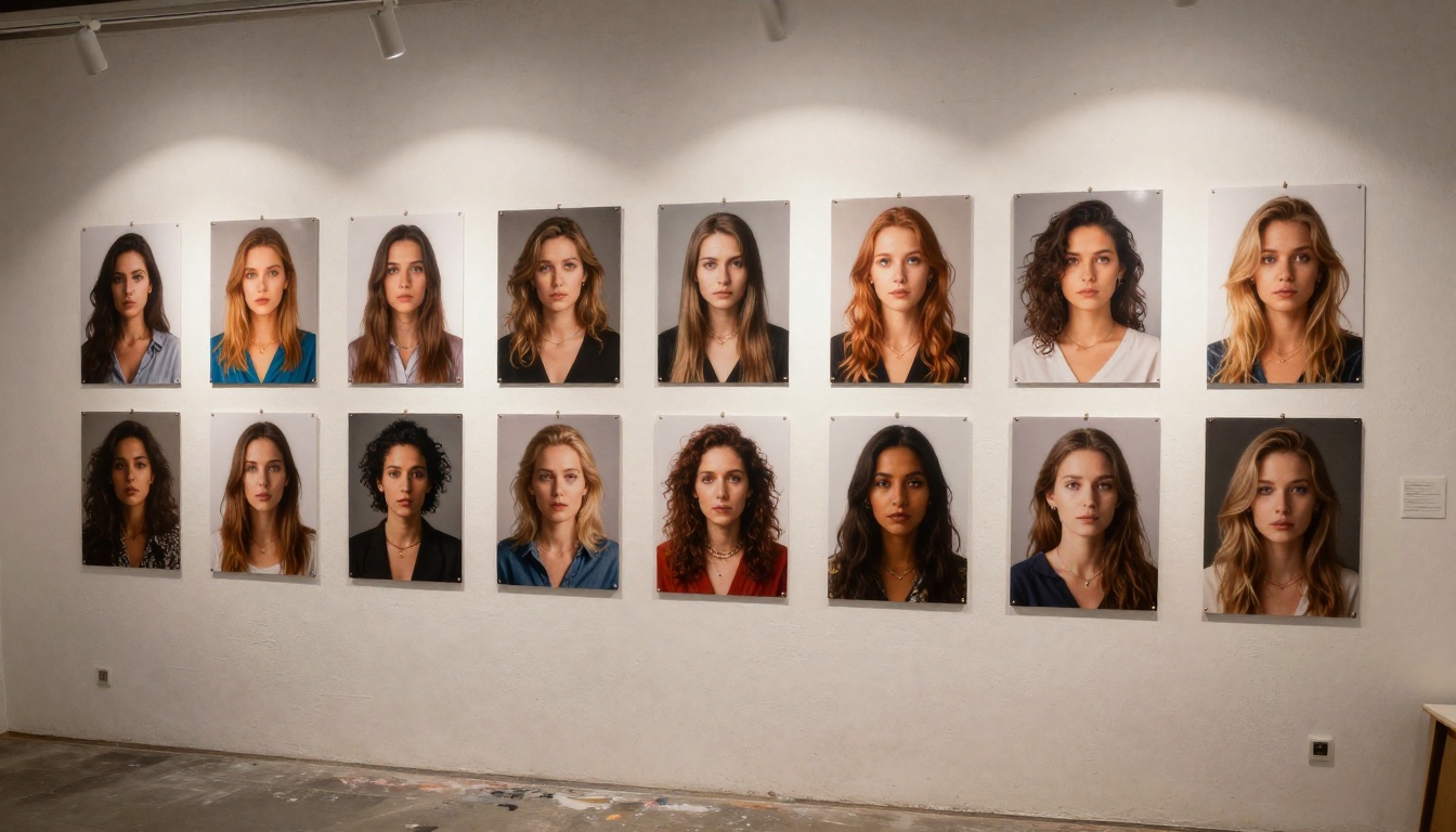 Gallery wall of AI-generated portrait prints in artist's studio Gallery wall of AI-generated portrait prints in artist's studio