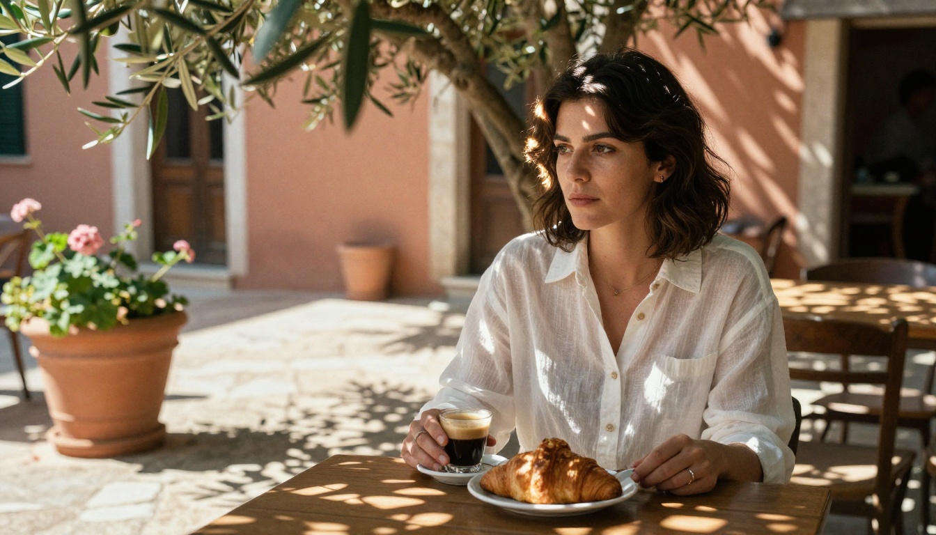 Mediterranean courtyard lifestyle portrait with dappled light