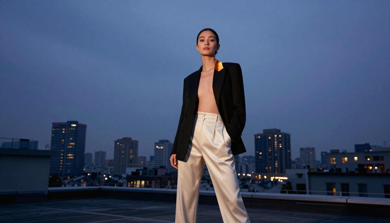 Low-angle editorial fashion shot at blue hour rooftop