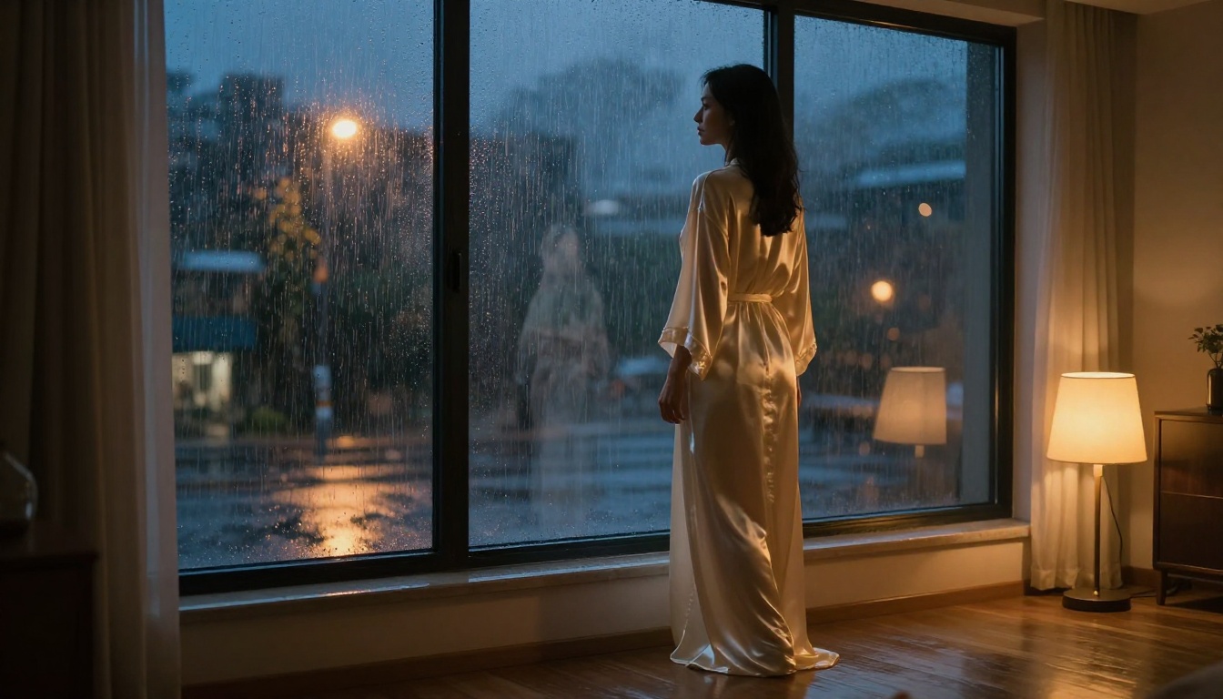 Woman in silk robe by rain-streaked window at night