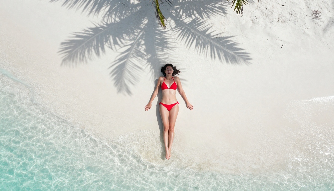 Aerial shot of woman on white sand beach in red bikini