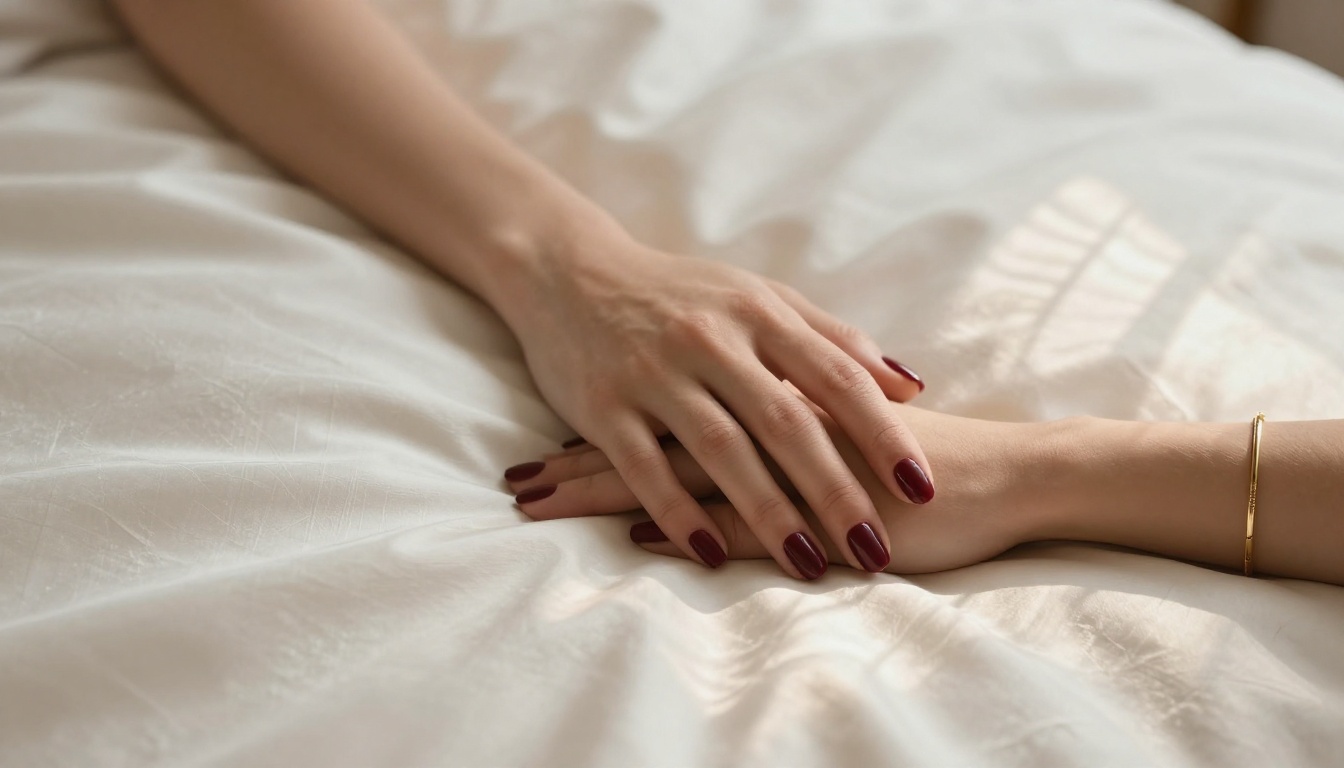 Intimate close-up of hands on champagne satin sheets