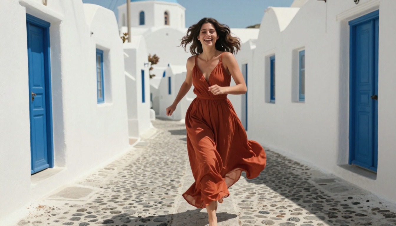 Woman running through Santorini cobblestone alley candid photorealistic Woman running through Santorini cobblestone alley candid photorealistic