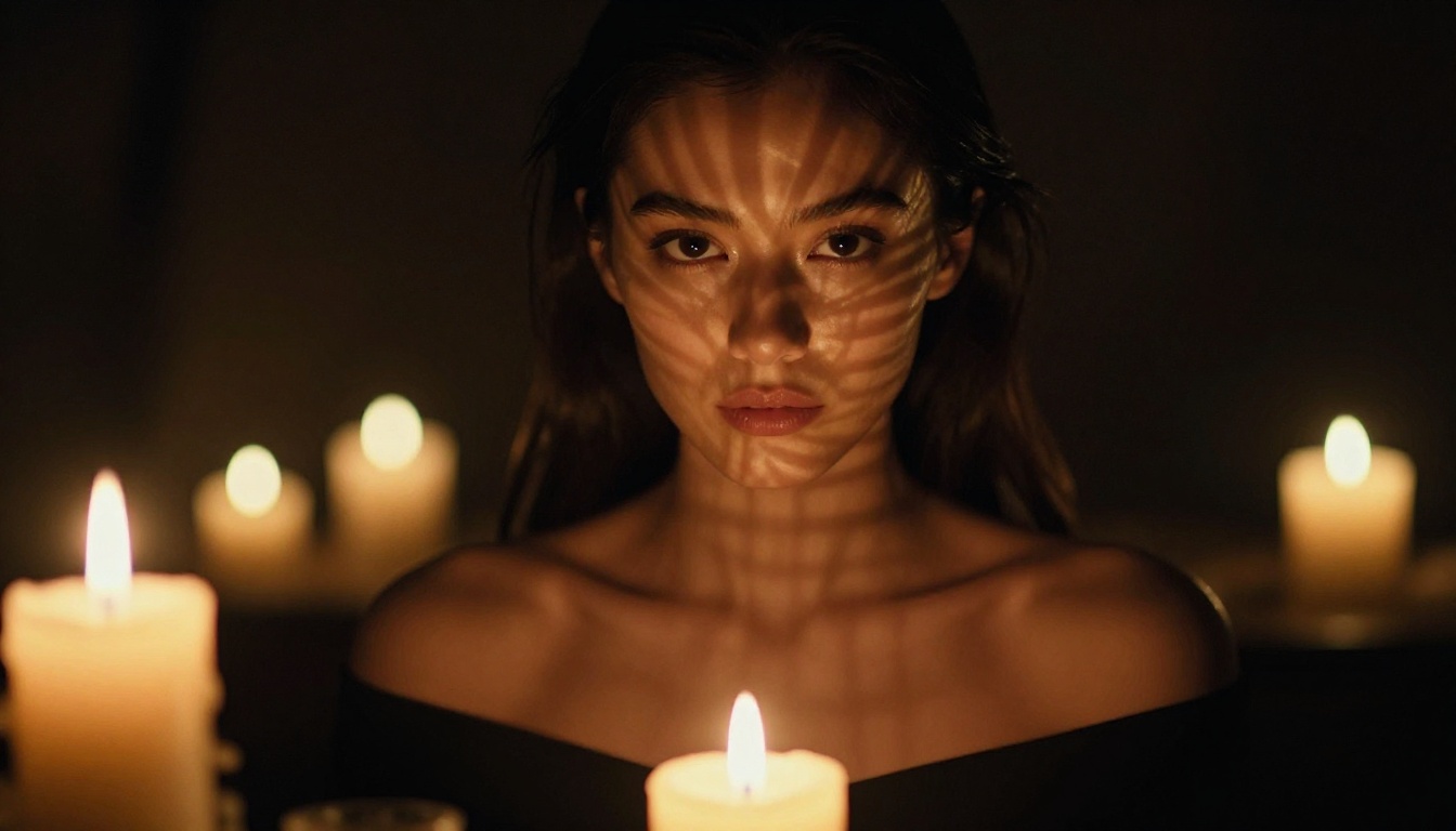Dramatic candlelight portrait with deep shadow
