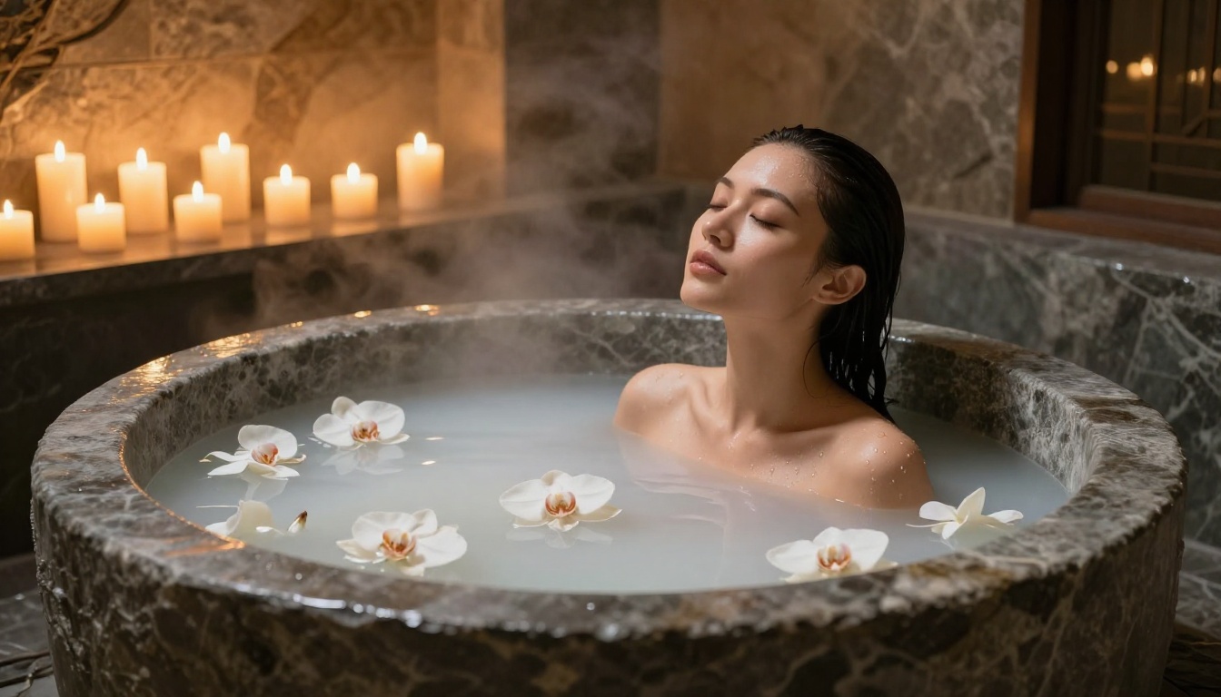Luxury spa bathtub scene with soft candlelight photorealistic photography Luxury spa bathtub scene with soft candlelight photorealistic photography