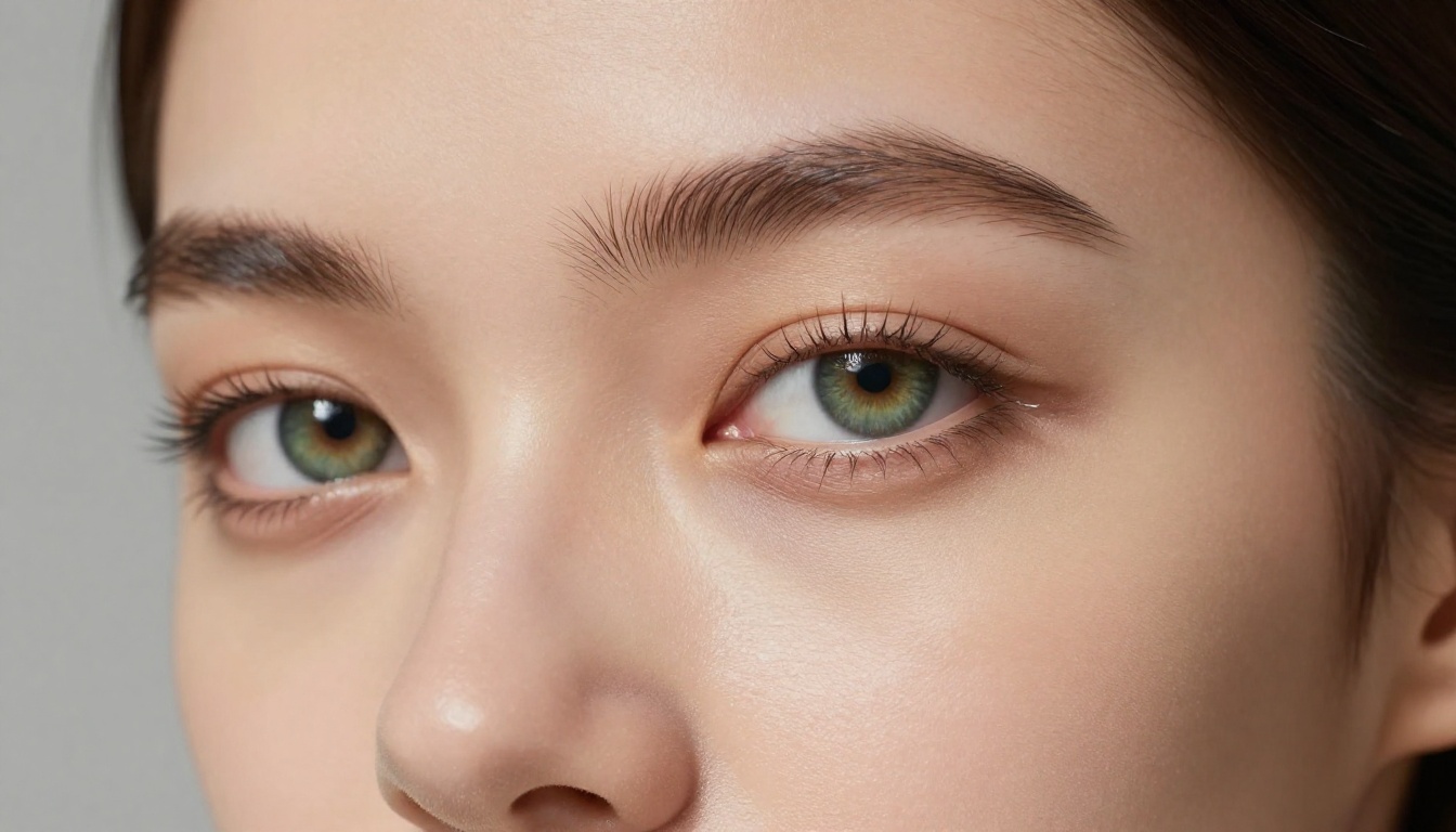 Close-up beauty portrait with Rembrandt studio lighting, individual eyelash detail, porcelain skin texture