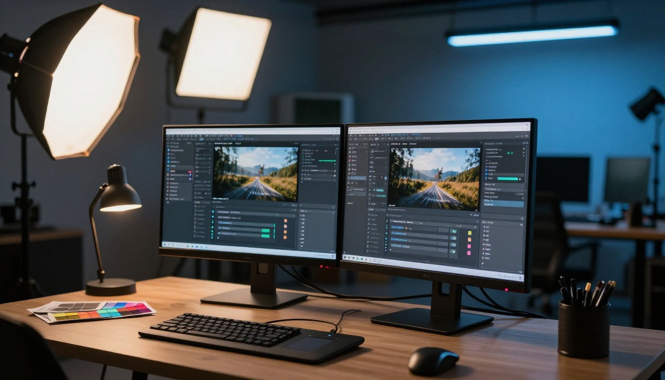 Professional AI image generation workstation with dual ultra-wide monitors