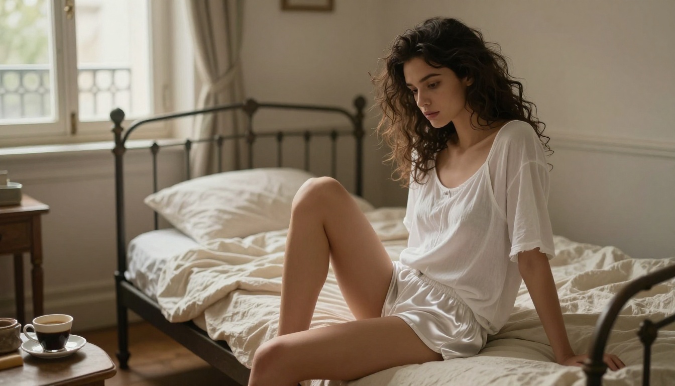 Artistic morning boudoir portrait in Parisian apartment, soft window light, intimate editorial atmosphere