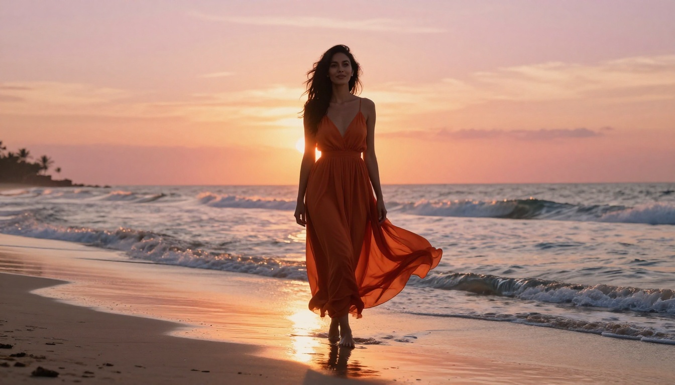 Beautiful woman at tropical beach sunset, flowing maxi dress, golden hour rim lighting on hair