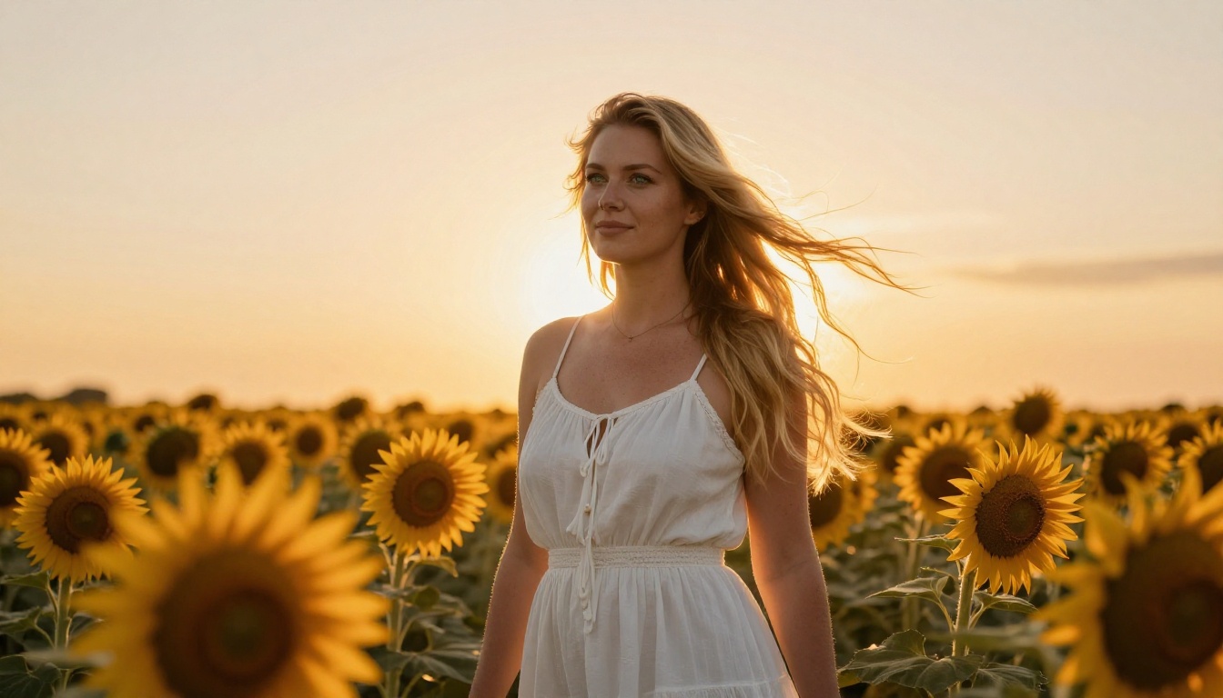 Woman at golden hour in a sunflower field, artistic portrait showcasing Pony V6 lighting quality