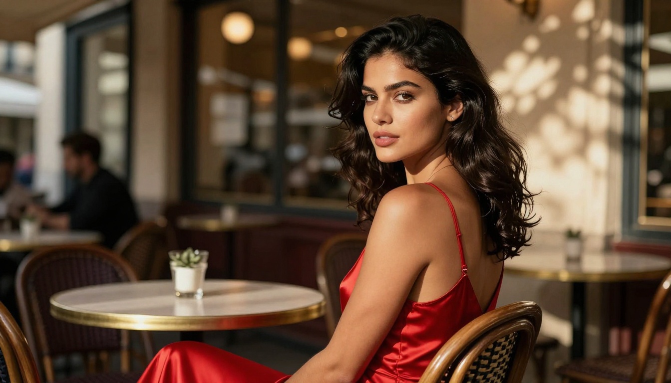 AI-generated woman in red dress at a sunlit cafe
