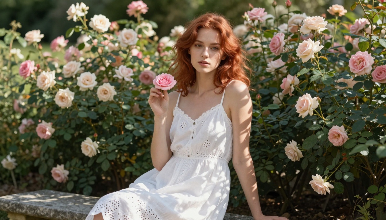 Romantic English rose garden portrait, copper-haired woman on stone bench, soft dappled afternoon light